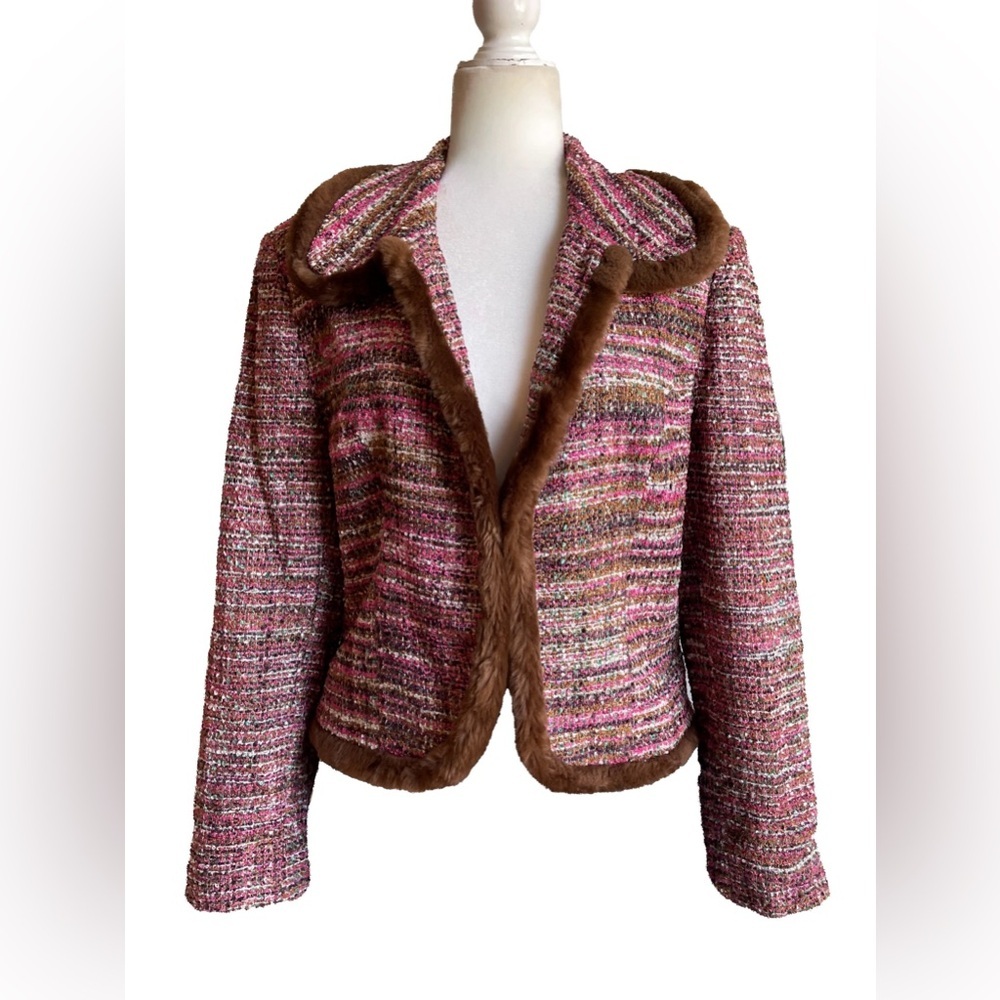 Vintage J. Marco Women's Pink Tweed Jacket with Brown Trim